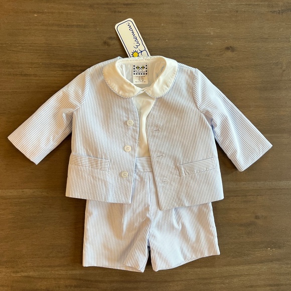 New Florence Eiseman Boys 3 Piece Seersucker Overall Shorts...
